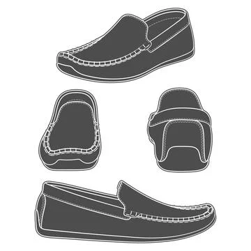 Set of black and white illustrations with shoes, moccasins. Stock Illustration
