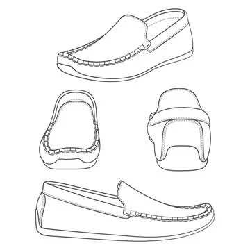 Set of black and white illustrations with shoes, moccasins. Illustrazione stock