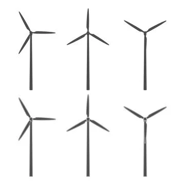 Set of black and white illustrations with a wind turbine, windmill. Stock Illustration