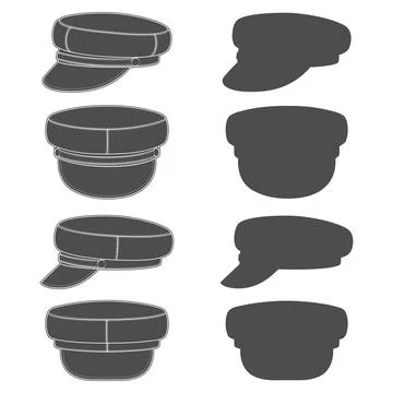 Set of black and white illustrations with peaked cap, forage cap. Stock Illustration