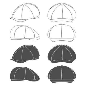 Set of black and white illustrations with peaked cap, forage cap, kepi Stock Illustration