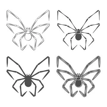 Set of black and white illustrations with butterfly shaped spider Stock Illustration