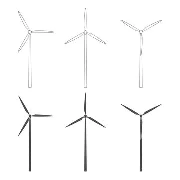 Set of black and white illustrations with wind turbine, windmill Stock Illustration