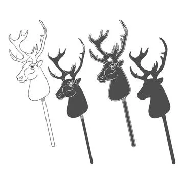 Set of black and white illustrations with hobby horse deer toy on stick Stock Illustration