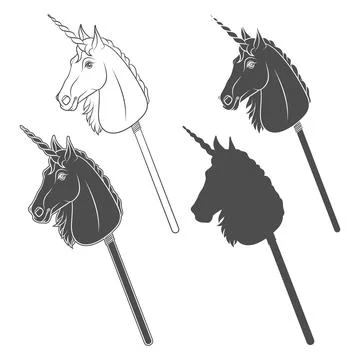 Set of black and white illustrations with unicorn hobby horse toy on stick Stock Illustration