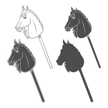 Set of black and white illustrations with hobby horse toy on stick Stock Illustration