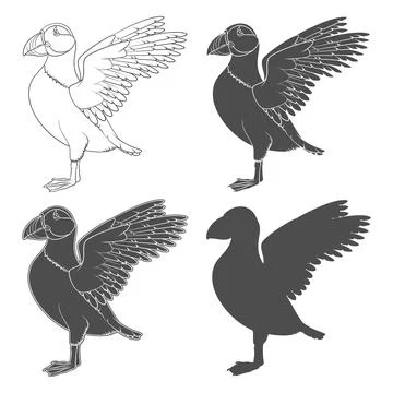 Set of black and white illustrations with puffin bird Stock Illustration