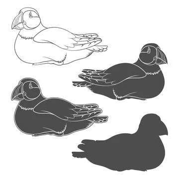 Set of black and white illustrations with puffin bird Stock Illustration