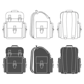 Set of black and white illustrations with a backpack Stock Illustration