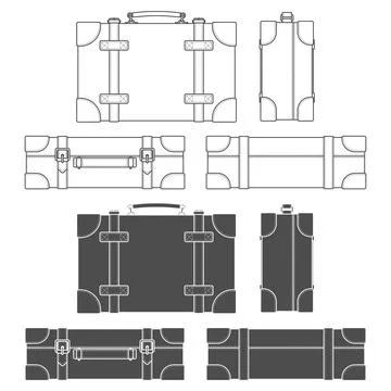 Set of black and white illustrations with leather retro suitcase, case Stock Illustration