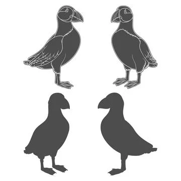 Set of black and white illustrations with puffin bird Stock Illustration