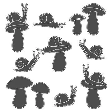 Set of black and white illustrations with snails and mushrooms Stock Illustration