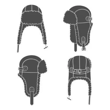 Set of black and white illustrations with flying cap with earflaps Stock Illustration