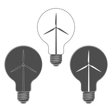 Set of black and white illustrations light bulb with wind turbine, windmill Stock Illustration
