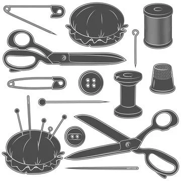 Set of black and white illustrations with sewing supplies Stock Illustration