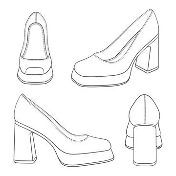 Set of black and white illustrations with women shoes on thick heels Stock Illustration