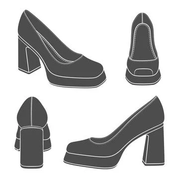 Set of black and white illustrations with women shoes on thick heels Stock Illustration