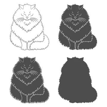 Set of black and white illustrations featuring fluffy cat Stock Illustration