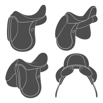 Set of black and white illustrations with horse saddle 스톡 일러스트