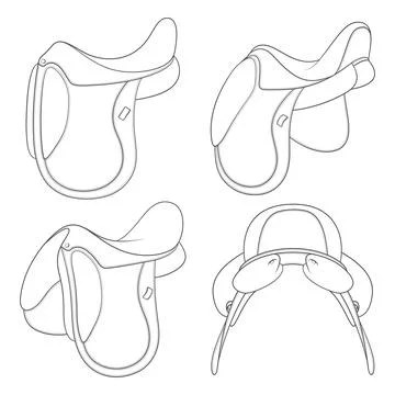 Set of black and white illustrations with horse saddle 스톡 일러스트