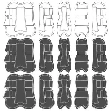 Set of black and white illustrations of horse boots, leg protection Illustrazione stock