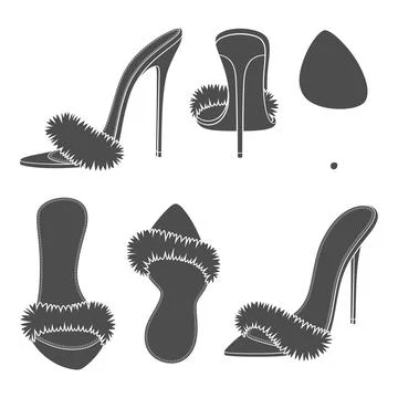 Set of black and white illustrations with clogs, sandals with heels and fur Illustrazione stock