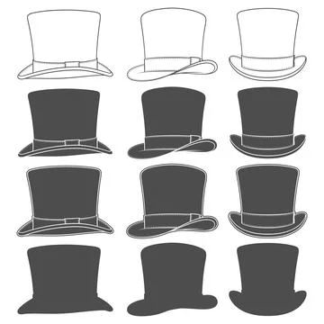 Set of black and white illustrations with classic top hat Illustrazione stock