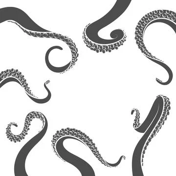 Set of black and white illustrations with octopus tentacles 库存插图