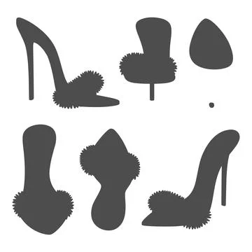 Set of black and white illustrations with clogs, sandals with heels and fur 库存插图