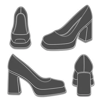 Set of black and white illustrations with women shoes on thick heels Stock Illustration