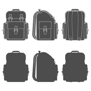 Set of black and white illustrations with a backpack Illustrazione stock