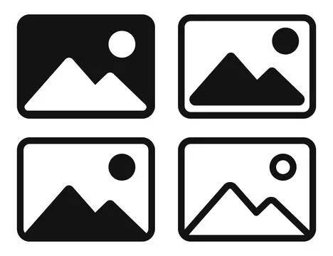 Set of black and white image icons showing mountain and sun. Minimalist photo Stock Illustration