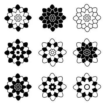 Set of black and white isolated flower icons Stock Illustration