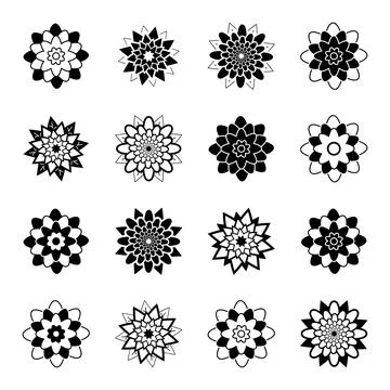 Set of black and white isolated flower icons Stock Illustration