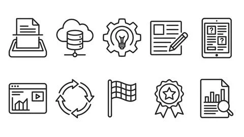 Set of black and white line icons representing data, technology, and busine.. イラスト素材