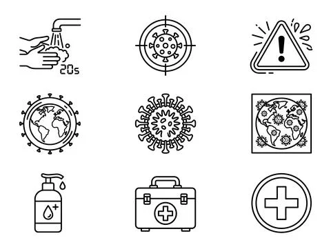 Set of black and white line art icons depicting COVID-19 prevention and med.. Stock Illustration