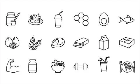 Set of black and white line featuring healthy food and fitness gear Stock Illustration