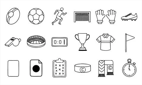 Set of black and white line representing soccer and football equipment Illustration