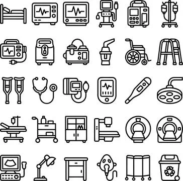 Set of Black and White Linear Icons Representing Diverse Medical Equipment .. Illustrazione stock