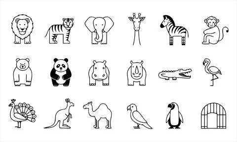 Set of black and white linear featuring various wild animals 스톡 일러스트
