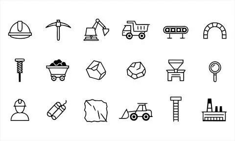 Set of black and white mining and construction industry line Stock Illustration