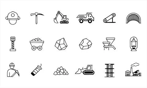 Set of black and white mining industry and equipment symbols Stock Illustration