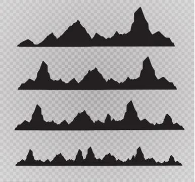 Set of black and white mountain silhouettes.Background border of rocky mountains Stock Illustration