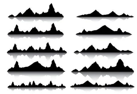 Set of black and white mountain silhouettes.Background border of rocky mountains Stock Illustration