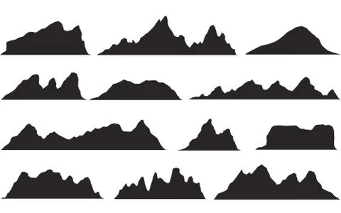 Set of black and white mountain silhouettes.Background border of rocky mountains Stock Illustration