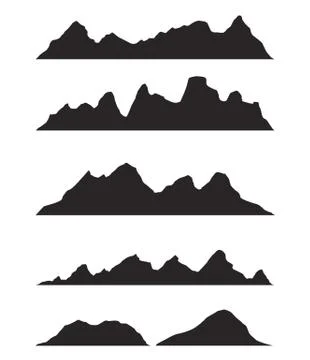 Set of black and white mountain silhouettes.Background border of rocky mountains Stock Illustration