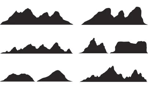 Set of black and white mountain silhouettes.Background border of rocky mountains Stock Illustration