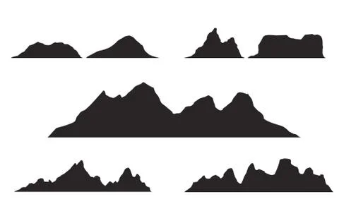 Set of black and white mountain silhouettes.Background border of rocky mountains Stock Illustration