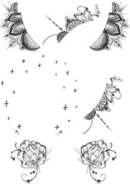 Set of black and white objects dot work Stock Illustration