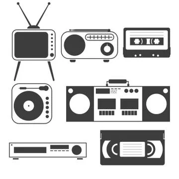 Set of black and white objects of old home appliances of the 80s and 90s in a Stock Illustration